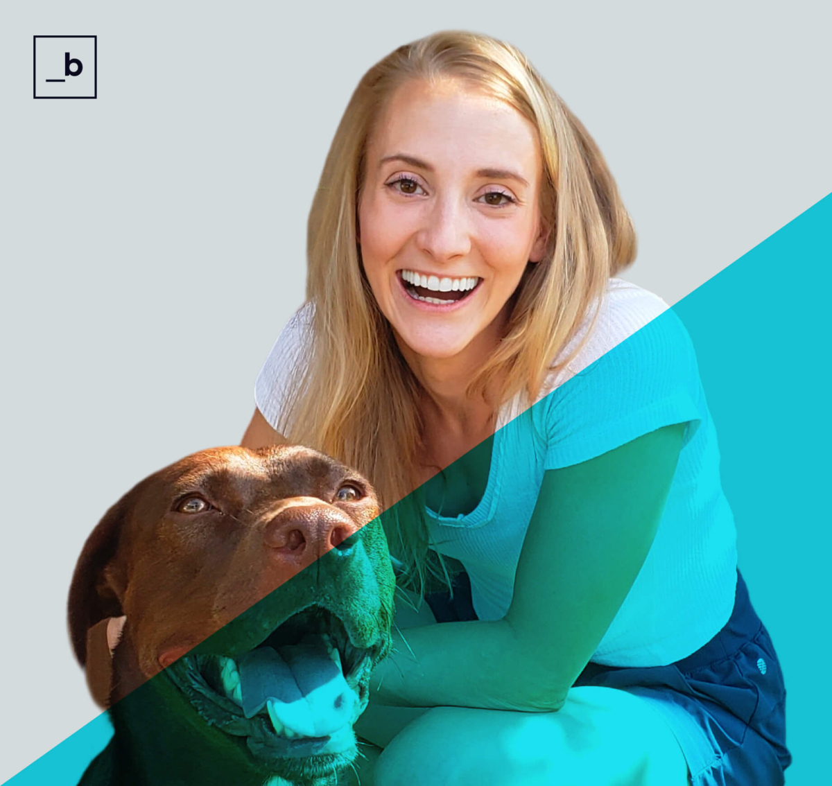 woman in white t-shirt smiling, crouching down with her brown dog.